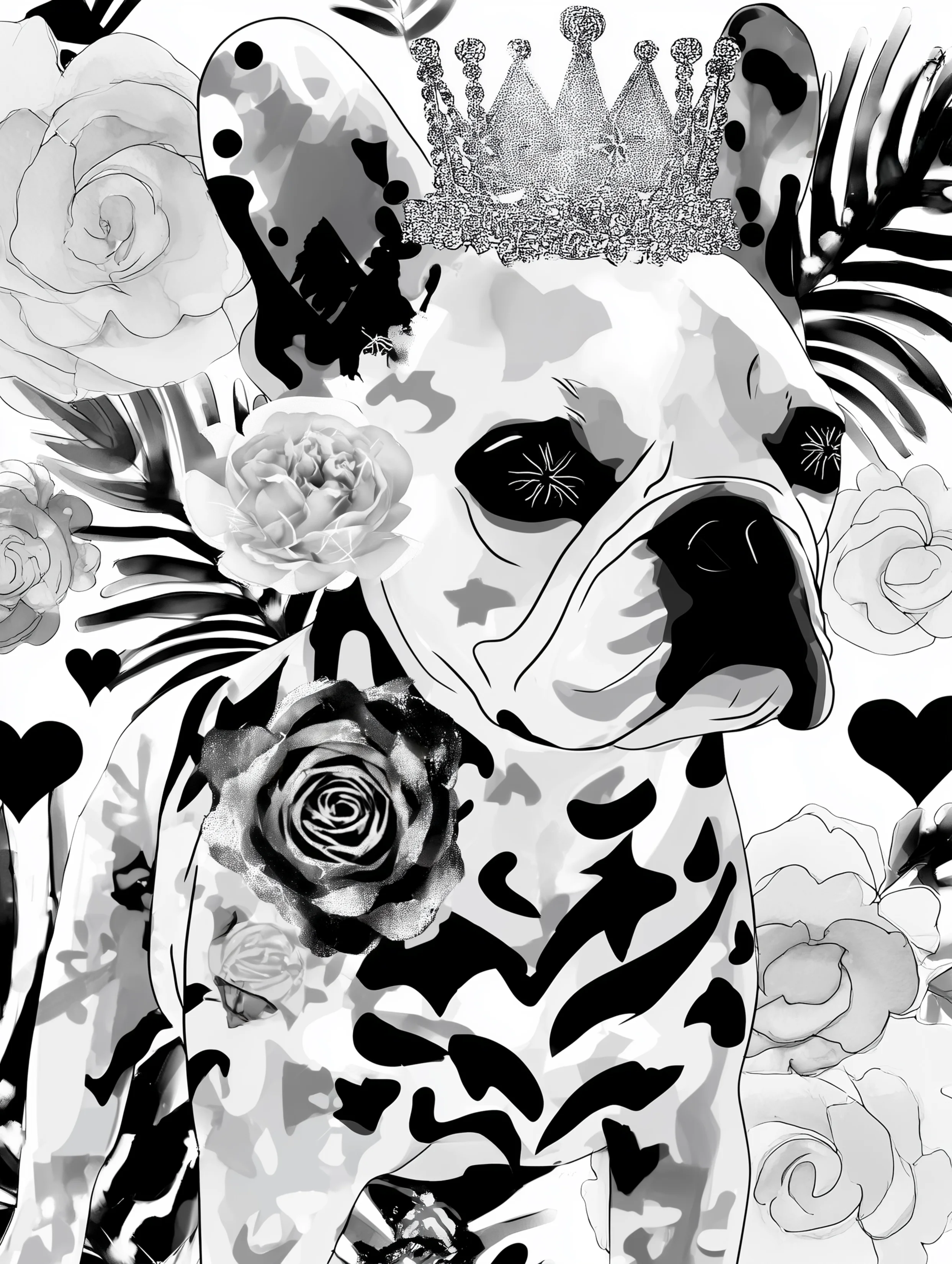 Free printable french bulldog coloring page featuring a white frenchie with a crown